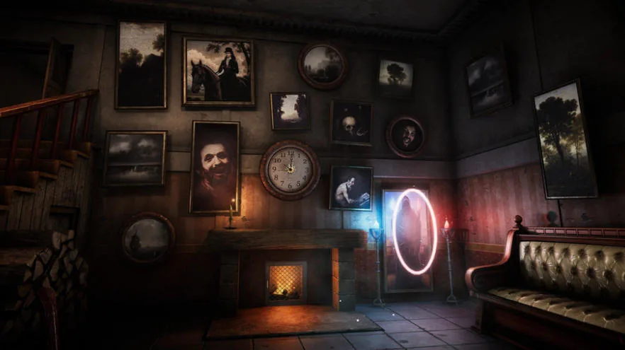 Escape from the Portal glowing oval gateway in a portrait-filled haunted manor