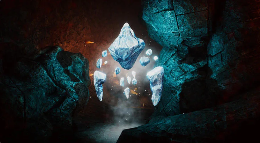 Escape from the Portal floating blue crystals inside a dark rocky cavern