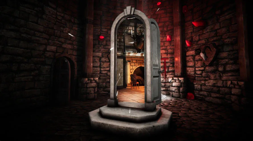 Escape from the Portal freestanding doorway between red-lit stone chambers