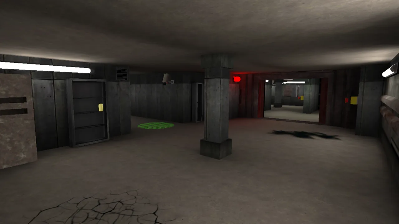 Exit the Backrooms Level 2 corridor with security cameras and warning lights