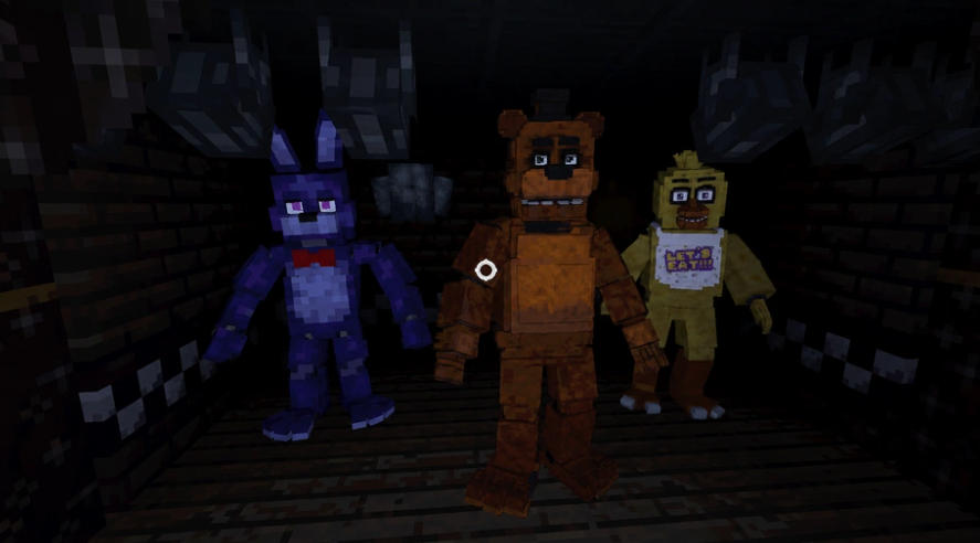 Freddy Bonnie and Chica in a dark hallway