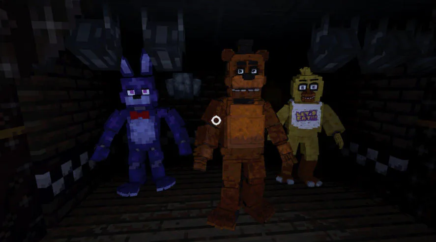 Freddy Bonnie and Chica in a dark hallway