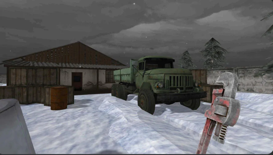 Grandpa Cannibal snowy yard with a truck and pipe wrench