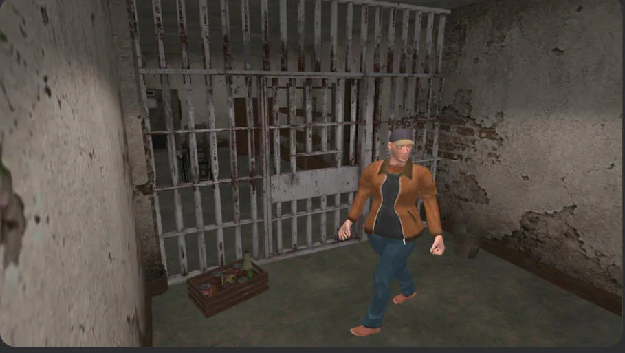 Grandpa Cannibal character beside a barred basement cell
