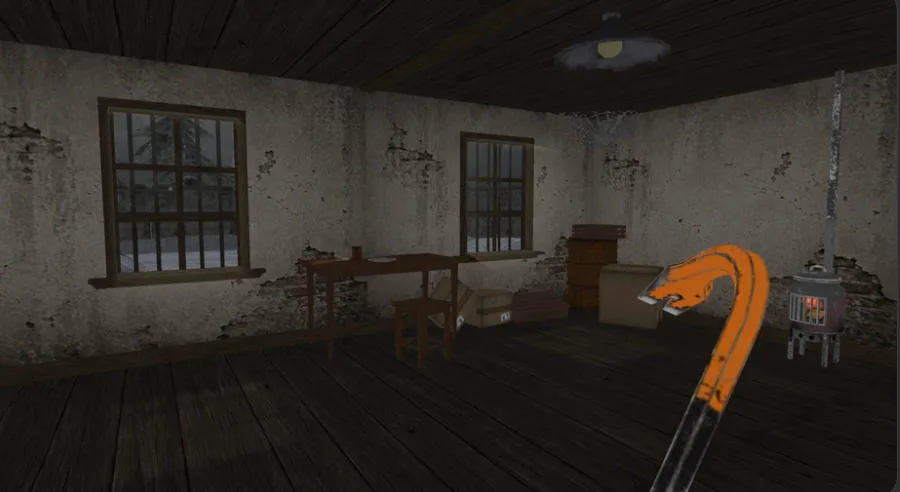 Grandpa Cannibal worn room with a crowbar and stove