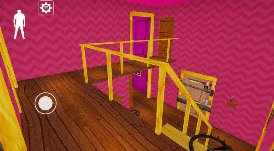 Granny Barbie pink staircase with a bear trap and boarded door