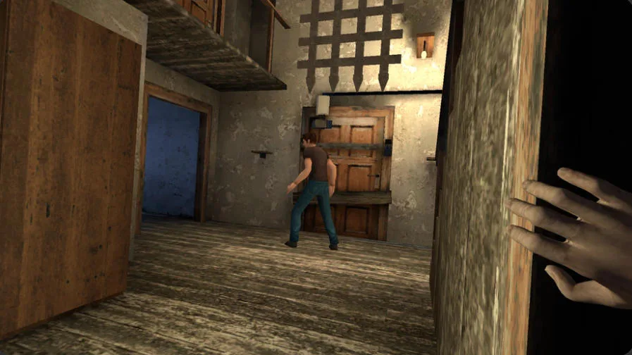 Granny finding the prisoner near a boarded door