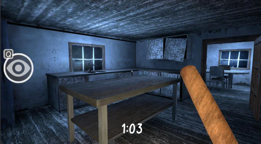 Granny searching a dark kitchen for the prisoner
