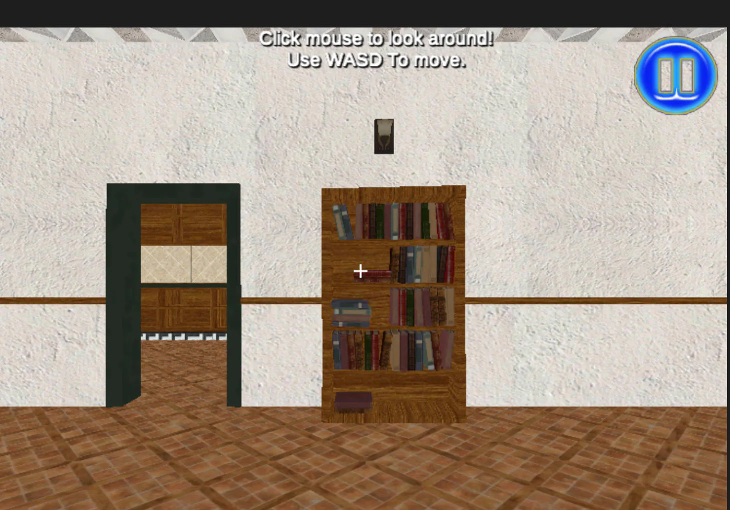 Mission Escape Rooms first-person view beside a bookshelf