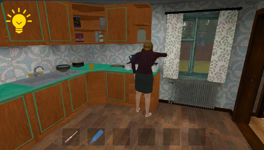 Schoolboy sneaking behind Grandmother in the kitchen