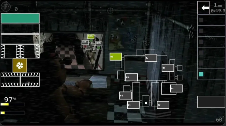 FNAF Ultimate Custom Night camera map with power and temperature
